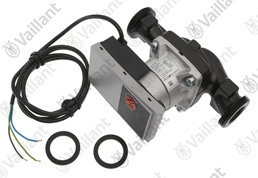 Vaillant Pumpe mit einem motorisierten Block und elektrischen Anschlüssen, inklusive zwei Dichtungsringen und einem Kabel mit mehreren Adern.